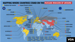 Màu vàng là các quốc gia lên án cuộc xâm lược của Nga. Màu đỏ là các quốc gia ủng hộ hành động của Nga.