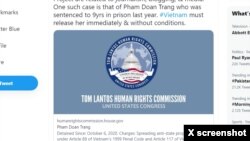 Uỷ ban Nhân quyền Tom Lantos kêu gọi chính quyền Việt Nam trả tự do cho nhà báo Phạm Đoan Trang. Photo Twitter Tom Lantos Human Rights Commission.
