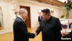 Tổng thống Nga Vladimir Putin và Lãnh tụ Triều Tiên Kim Jong Un, Bình Nhưỡng, ngày 19/6/2024.