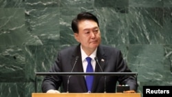 Tổng thống Hàn Quốc Yoon Suk Yeol phát biểu tại Đại hội đồng Liên hiệp quốc lần thứ 78 ở New York, ngày 20/9/2023.